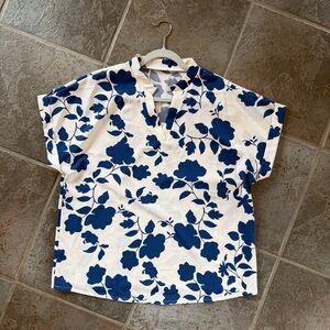 SHEIN White and Blue Floral Blouse